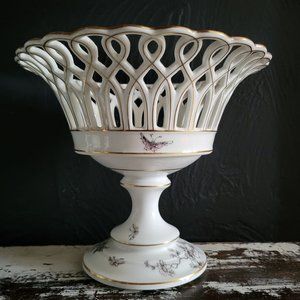 Antique Old Paris Reticulated Porcelain Compote, Pedestal Basket w Butterflies